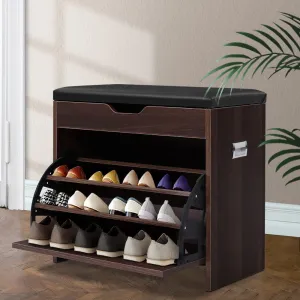 Artiss Shoe Rack Cabinet Bench 3-tier 15 Pairs Walnut