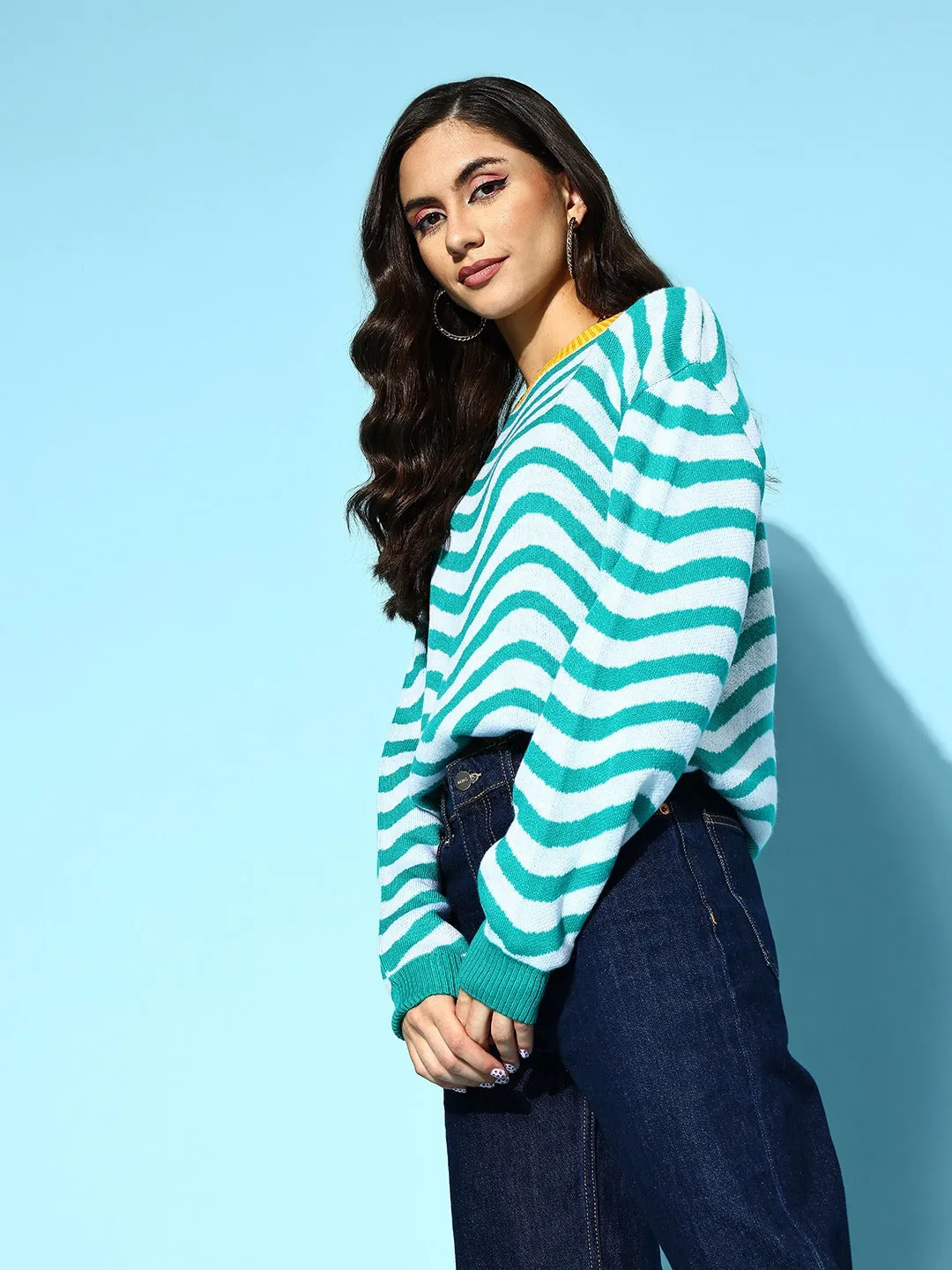 Berrylush Women Blue & White Striped Pattern Round Neck Drop-Shoulder Sleeve Ribbed Hem Regular Pullover