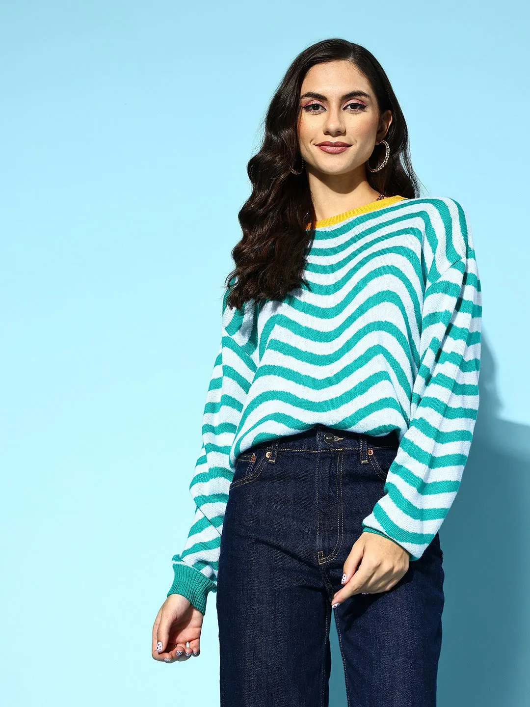 Berrylush Women Blue & White Striped Pattern Round Neck Drop-Shoulder Sleeve Ribbed Hem Regular Pullover