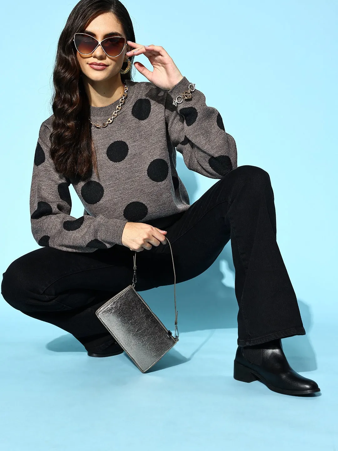 Berrylush Women Grey & Black Polka Dot Printed Round Neck Ribbed Hem Regular Pullover