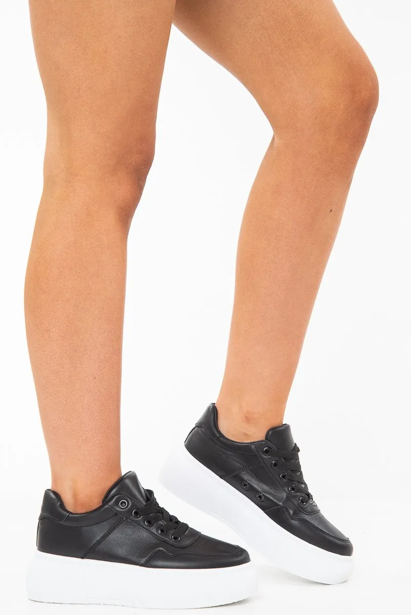 Black Lace Up Chunky Contrast Sole Trainers - Karlie