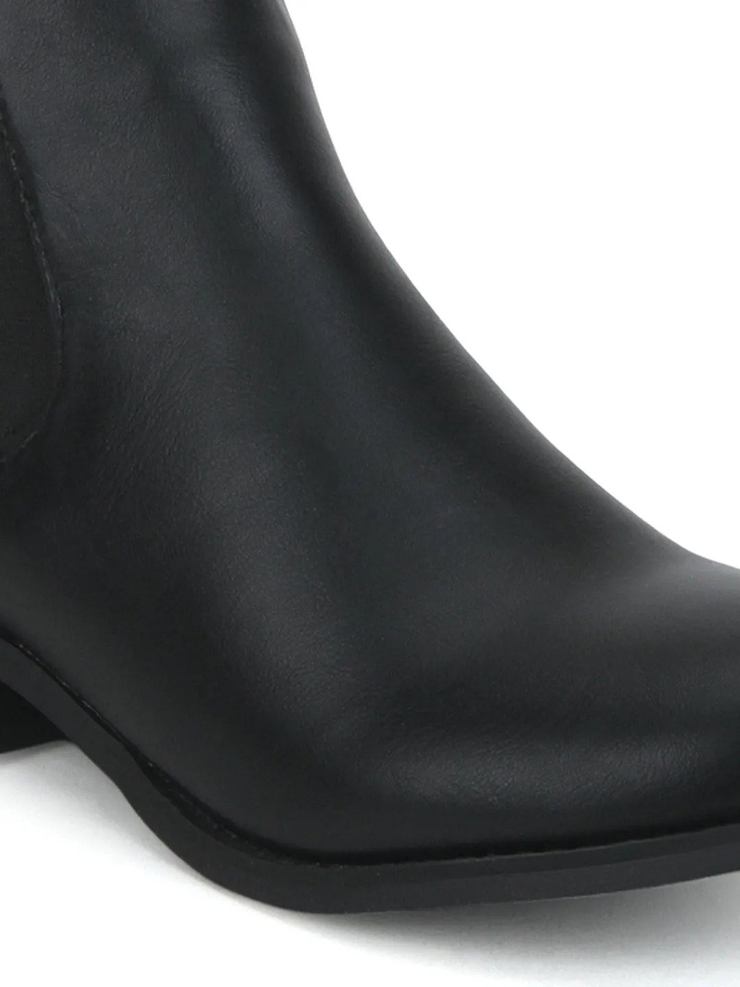 Black Pu Round Toe Flat Ankle Length Boots