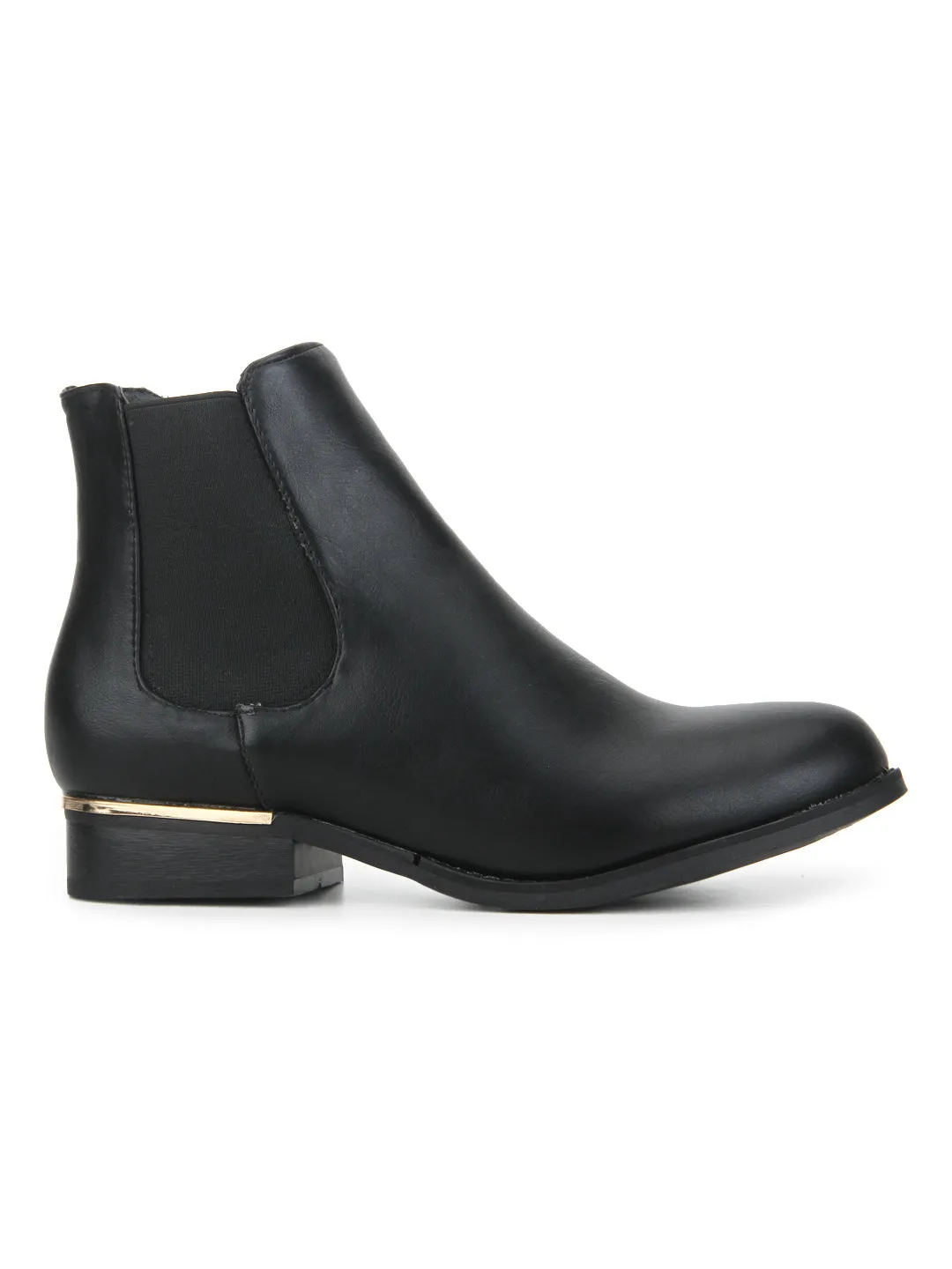 Black Pu Round Toe Flat Ankle Length Boots