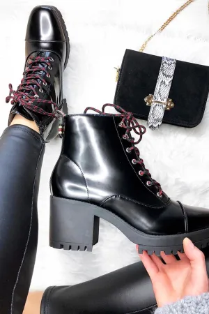 Black PU Stripe Detail Lace Up Chunky Boots - Aaloni