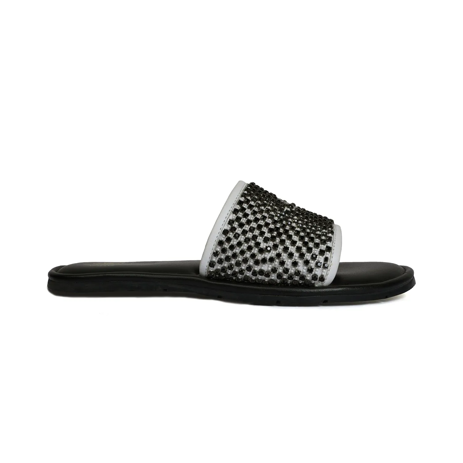 Black Stones On White Leather Strap Ethnic Slide-In-Slippers by Brune & Bareskin