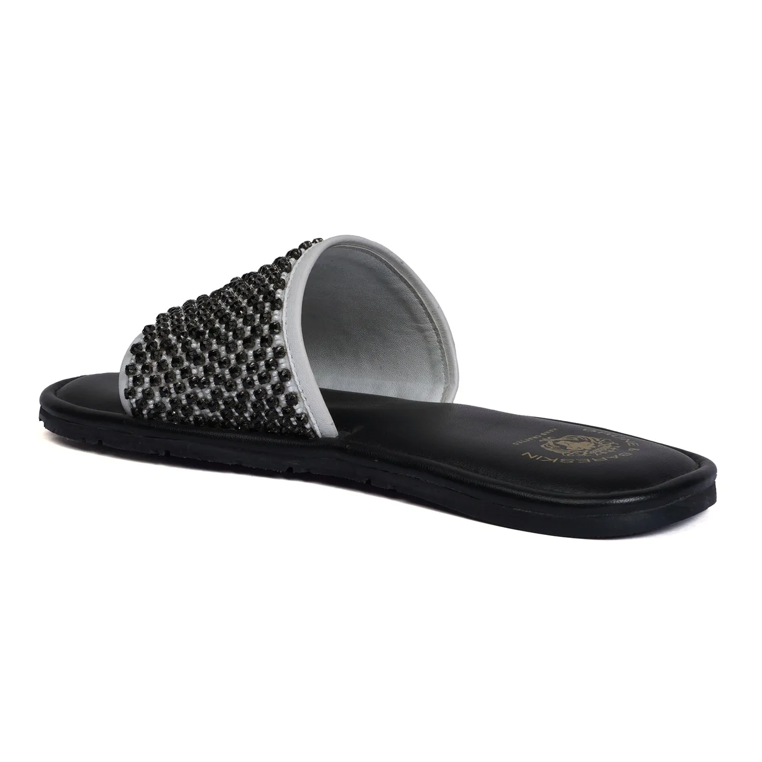 Black Stones On White Leather Strap Ethnic Slide-In-Slippers by Brune & Bareskin