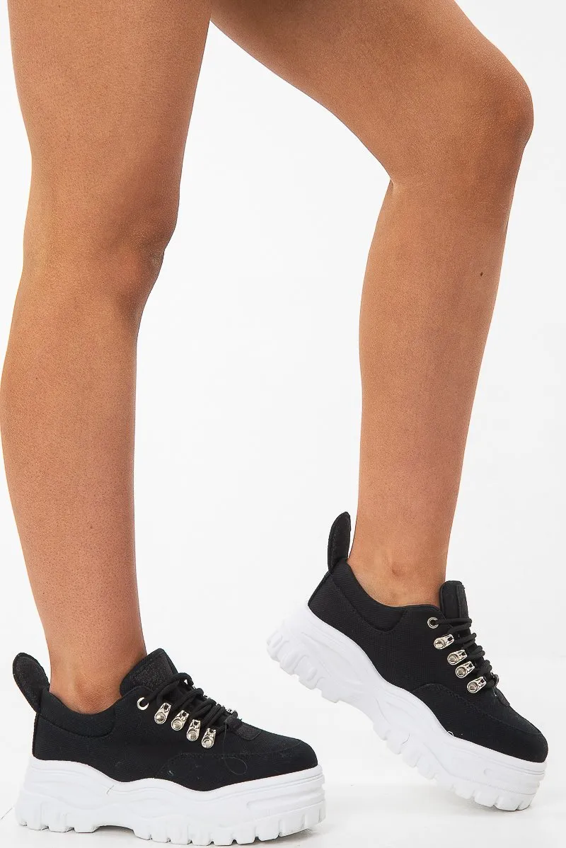 Black Woven Hiker Detail Chunky Sole Trainers - Hayslee