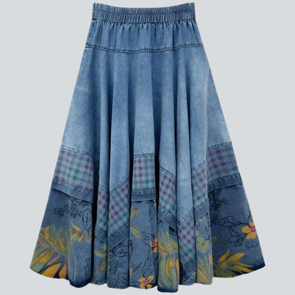 Bohemian flower print denim skirt