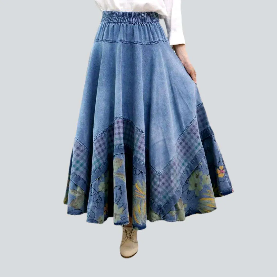 Bohemian flower print denim skirt