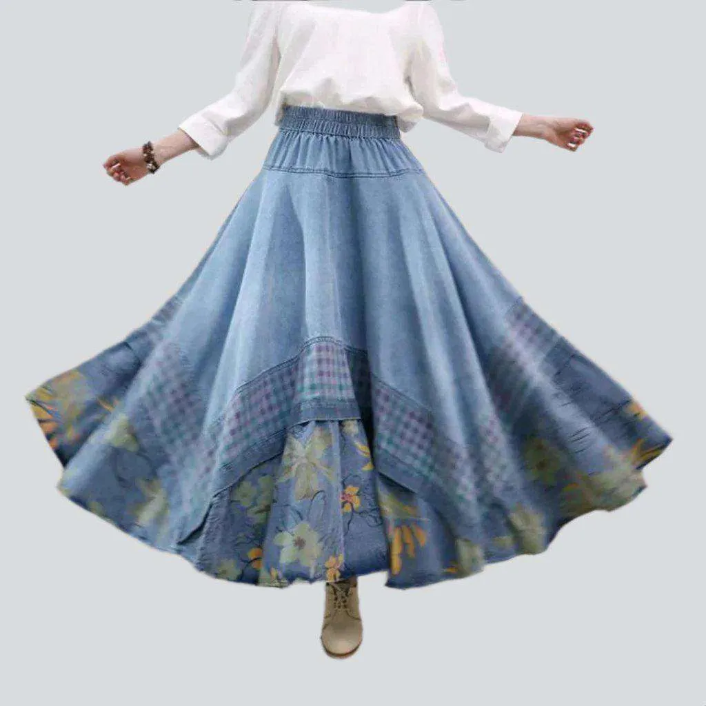 Bohemian flower print denim skirt