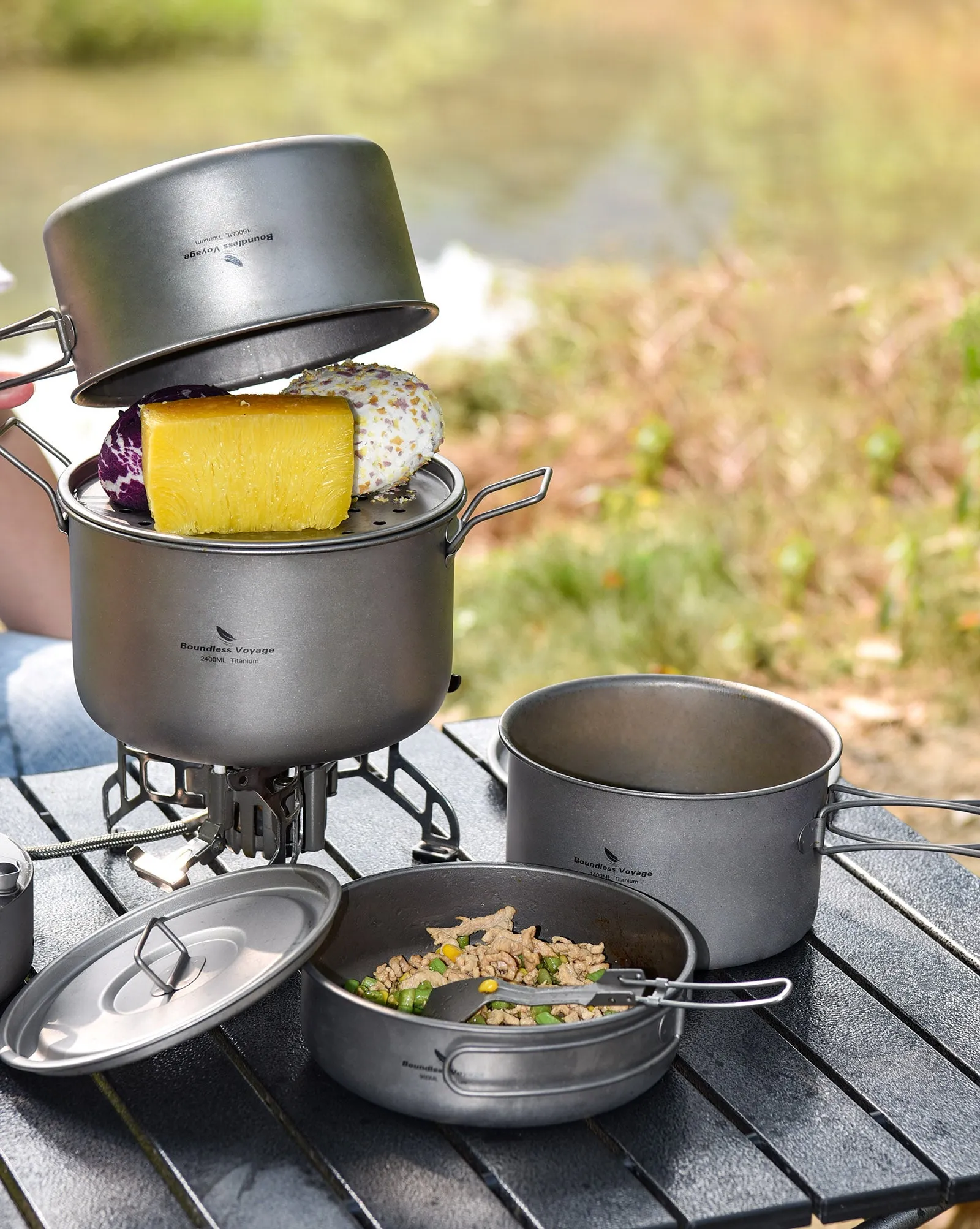 Boundless Voyage Lightweight 2400ml Titanium Pot Outdoor Portable Cooking Set hiking Backpacking Pot for Hiking Trekking Picnic Fishing Mountaineering