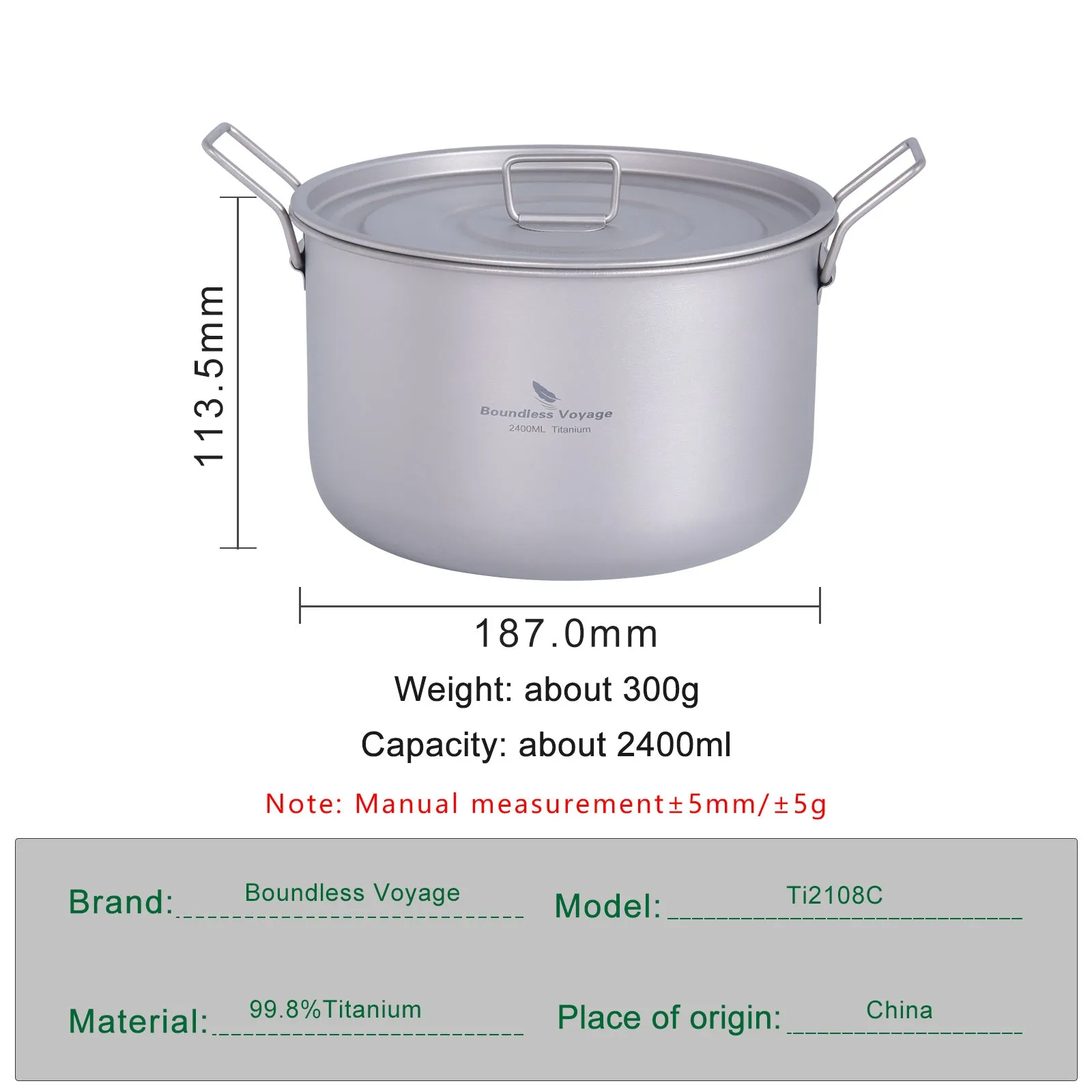 Boundless Voyage Lightweight 2400ml Titanium Pot Outdoor Portable Cooking Set hiking Backpacking Pot for Hiking Trekking Picnic Fishing Mountaineering