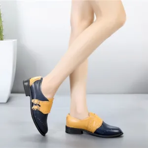 Classic Mixed-colors Buckle Strap Flat Oxford Vegan Leather Shoes