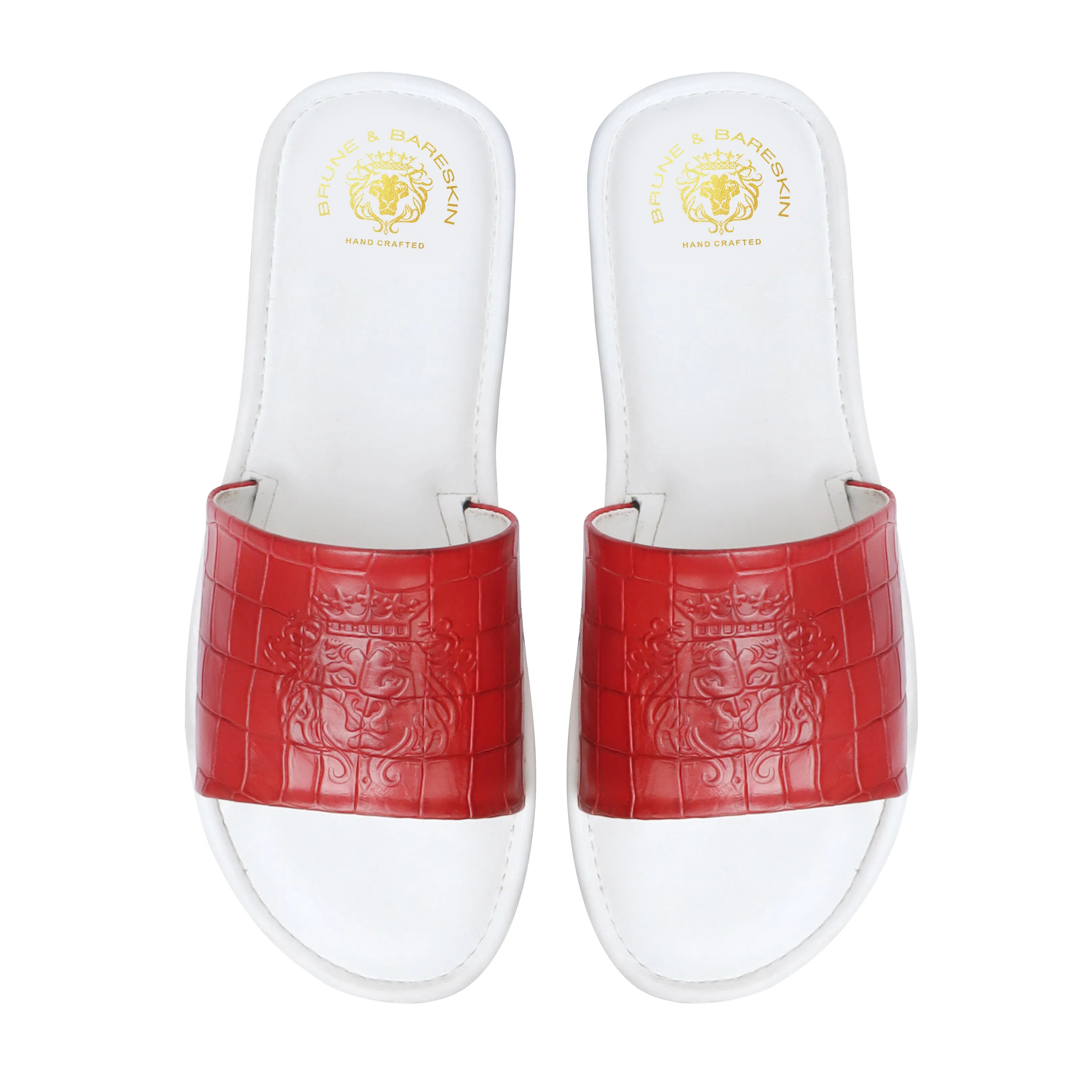 Dual Color Red/White Whole Deep Cut Croco Leather Slide-In-Slippers by Brune & Bareskin