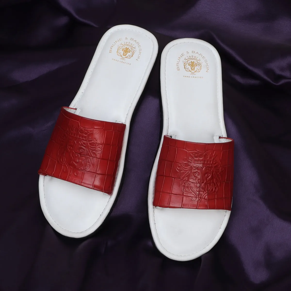 Dual Color Red/White Whole Deep Cut Croco Leather Slide-In-Slippers by Brune & Bareskin