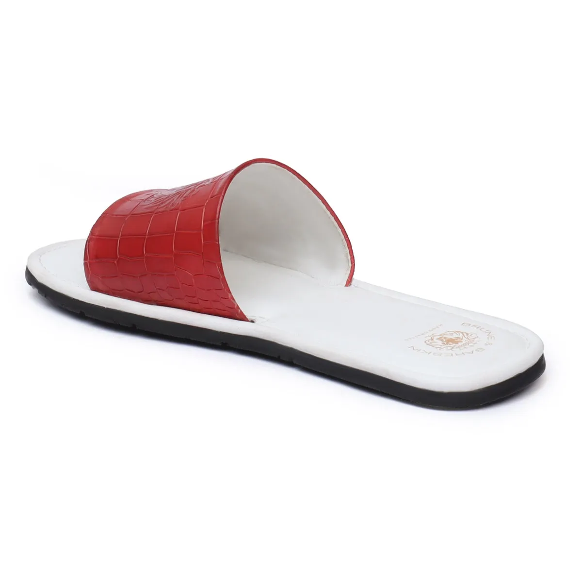 Dual Color Red/White Whole Deep Cut Croco Leather Slide-In-Slippers by Brune & Bareskin