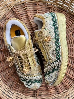 FUNKY N TRENDY Green and Gold intricate hand work sneakers for brides / bridesmaids / green sneakers / bottle green sneakers / green shoes / golden sneakers