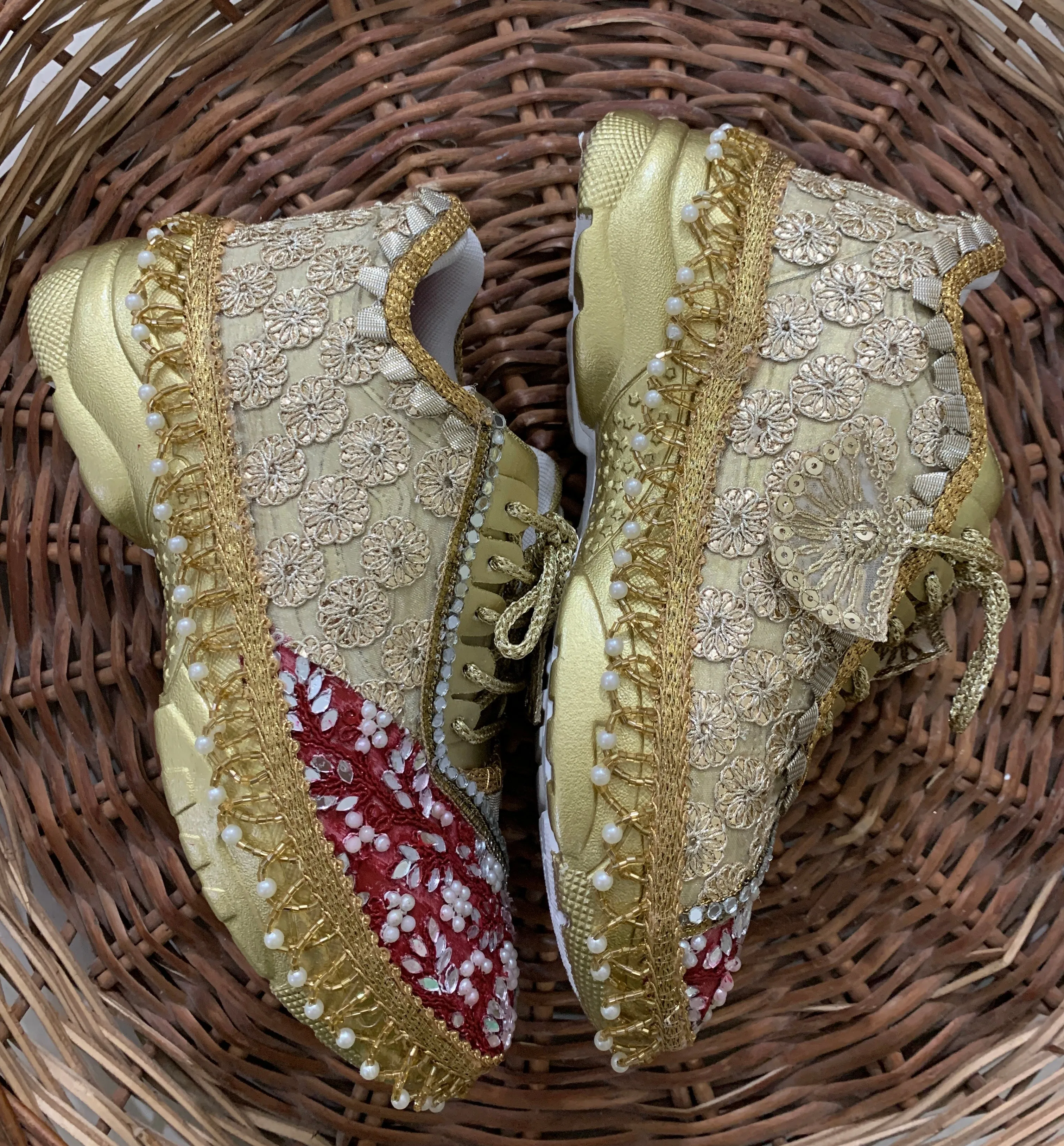 Funky N Trendy Maroon & Gold embroidery work bridal sneakers/ bridesmaid sneaker / golden sneakers/ Maroon sneakers / gold shoes / embroidery bridal sneakers