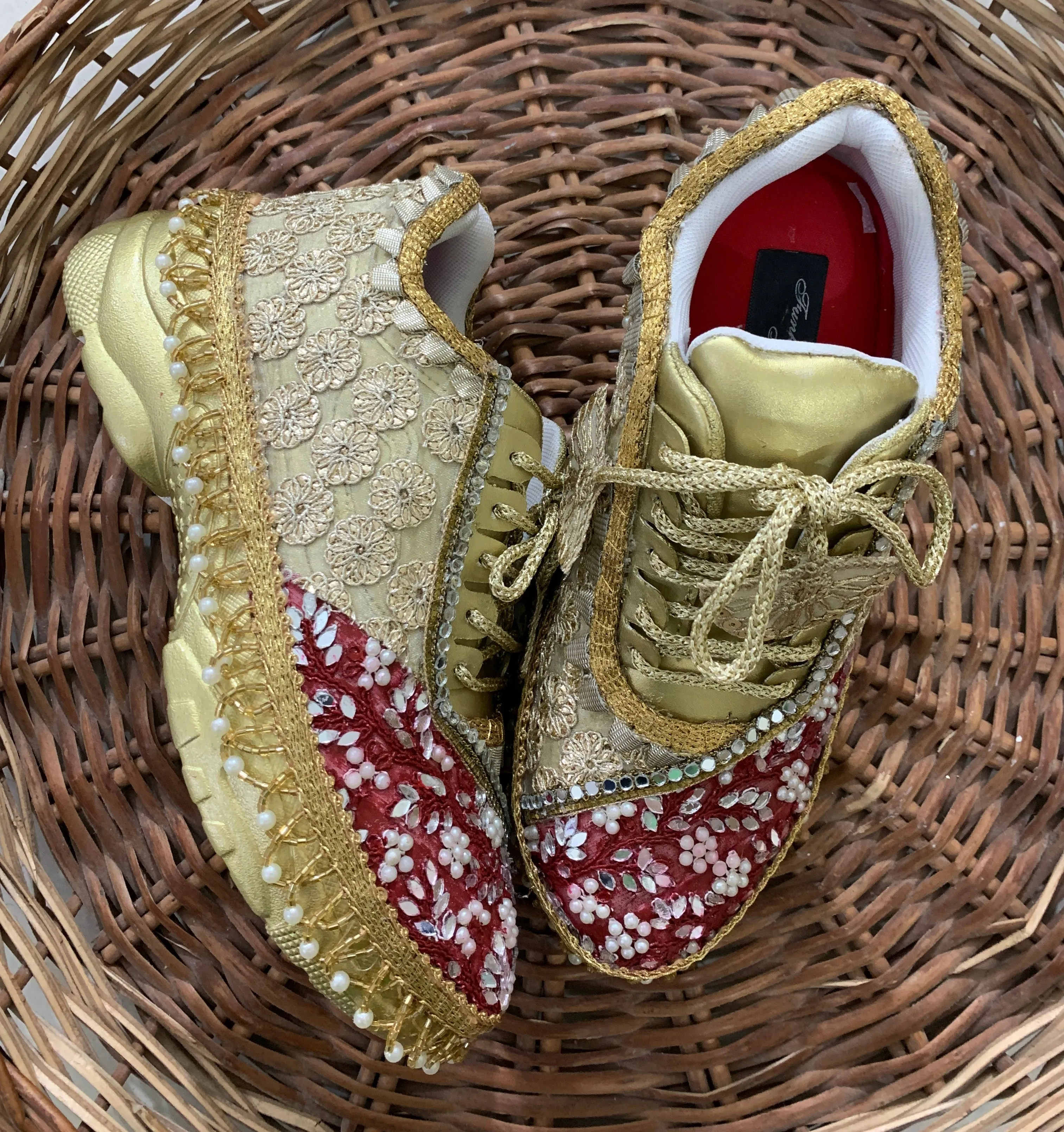 Funky N Trendy Maroon & Gold embroidery work bridal sneakers/ bridesmaid sneaker / golden sneakers/ Maroon sneakers / gold shoes / embroidery bridal sneakers