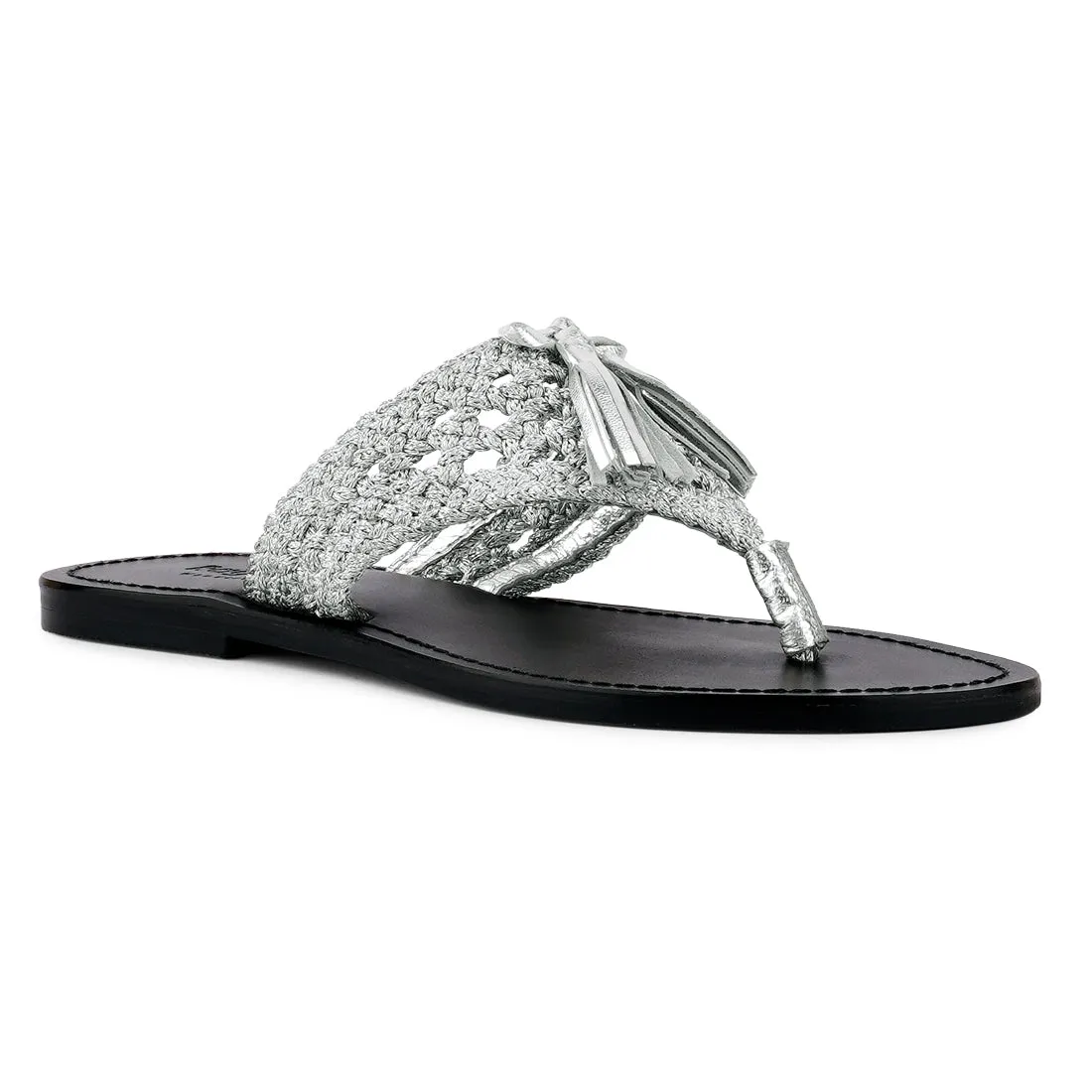 Handwoven Natural Silver Tassel Thong Flats