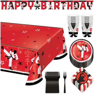 Karate Party Pack - Paper Dessert Plates, Beverage Napkins, Cups, Forks, Table Cover, and Banner Set (Serves 16)