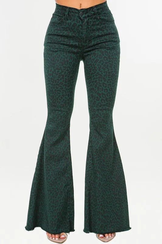 Leopard Bell Bottom Jean in Green