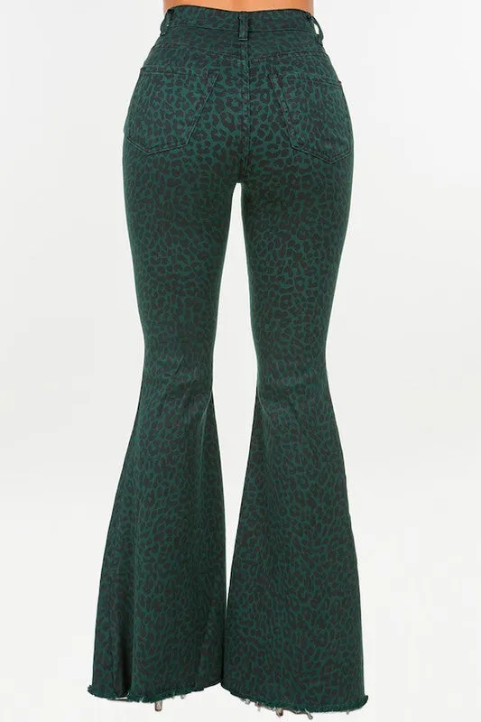 Leopard Bell Bottom Jean in Green