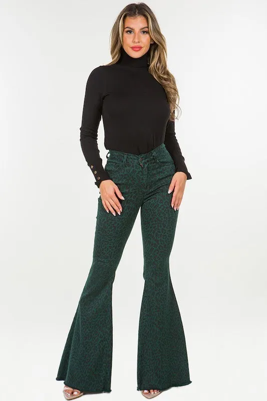 Leopard Bell Bottom Jean in Green