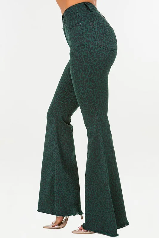 Leopard Bell Bottom Jean in Green