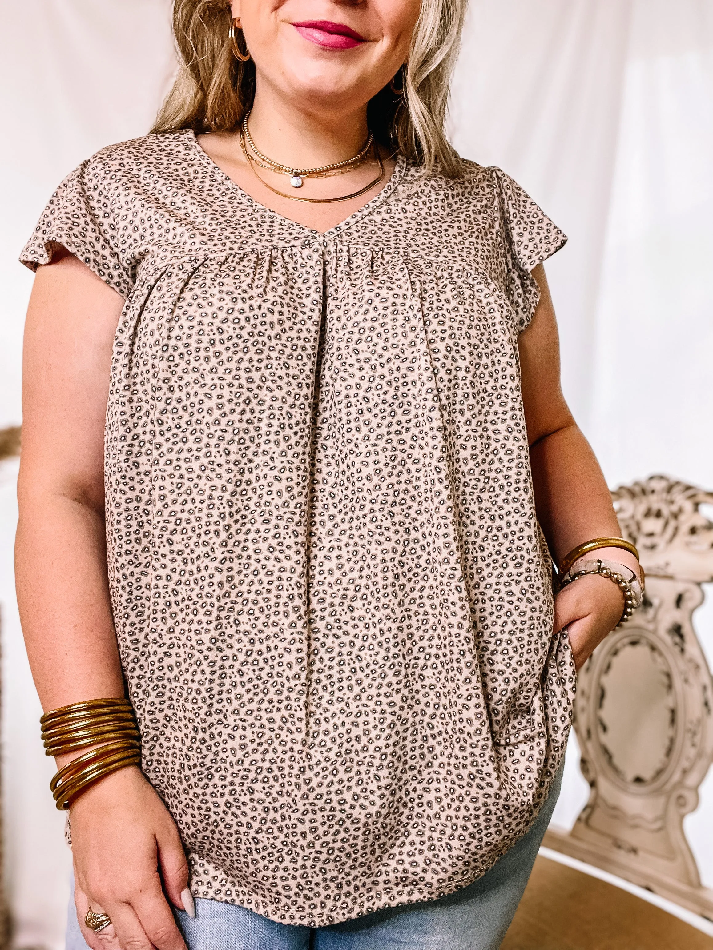 Look Who's Trending Small Leopard Print V Neck Top with Ruffle Cap Sleeves