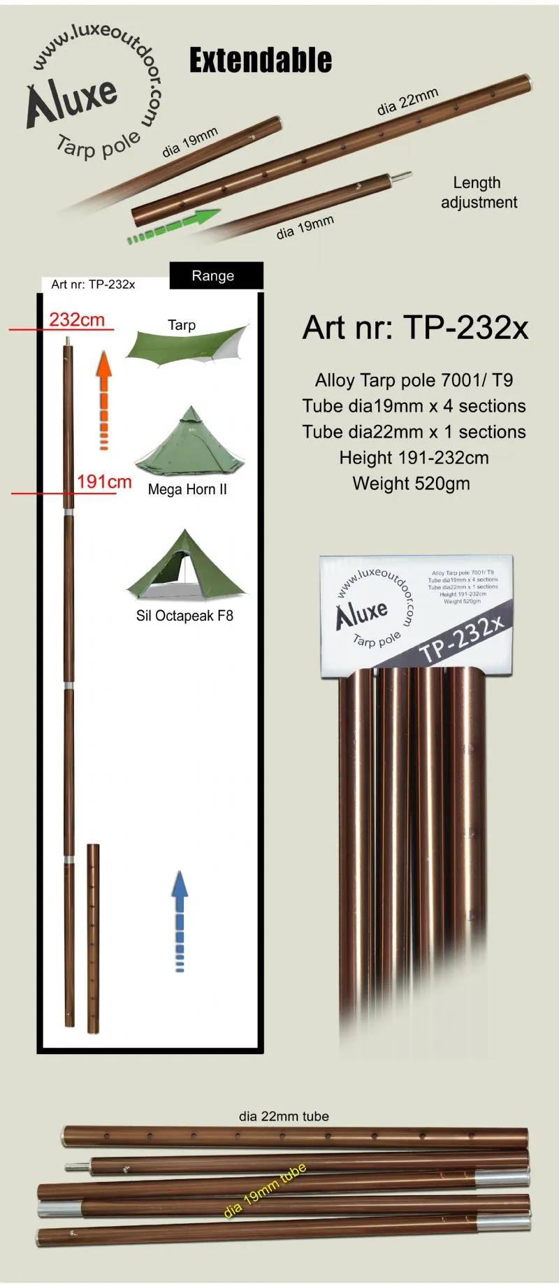 Luxe Outdoor Extendable Tarp/Tent Pole (Single Pole)