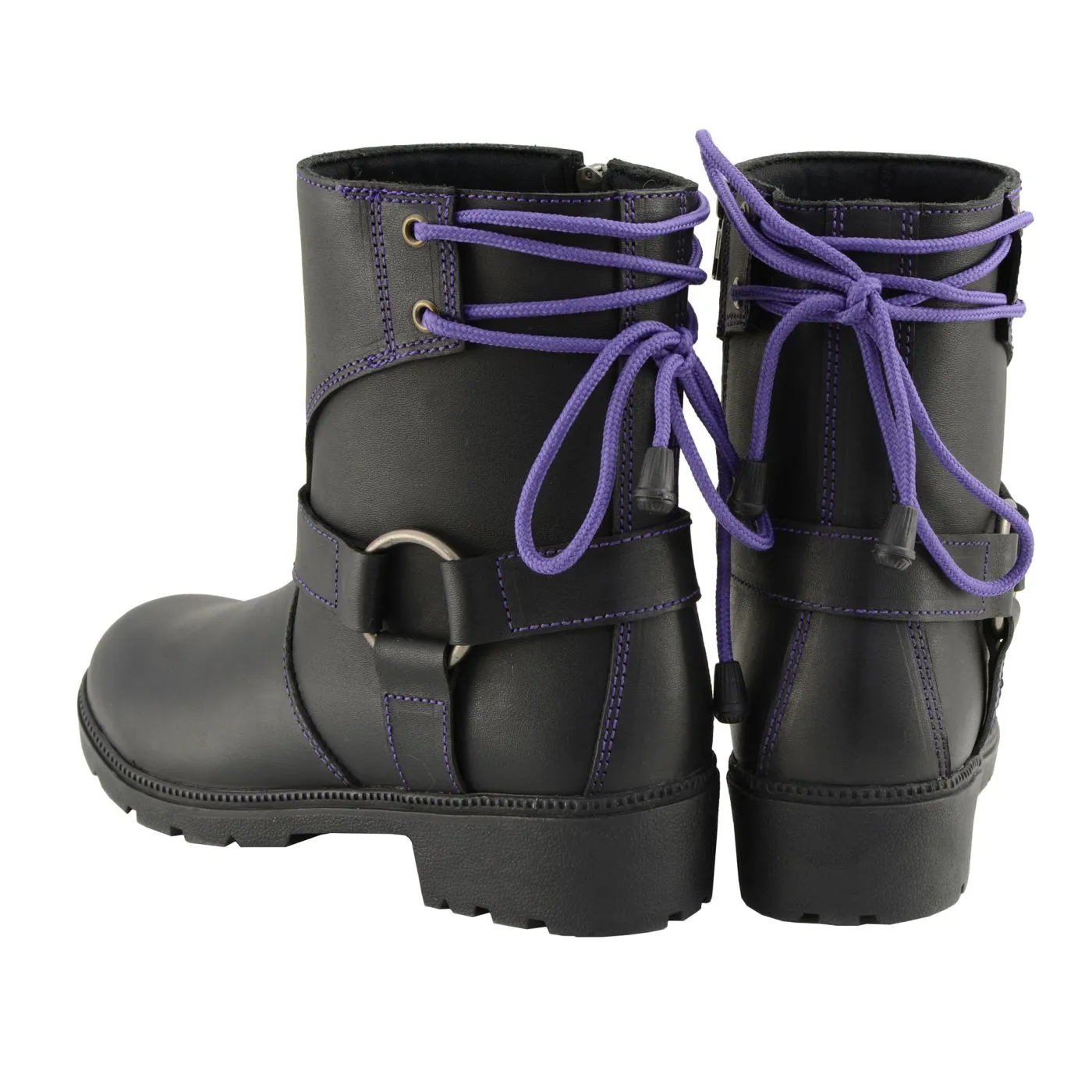 Milwaukee Leather MBL9317 Women's Black Leather Harness Zip-Up Motorcycle Rider Boots w/ Purple Back Laces