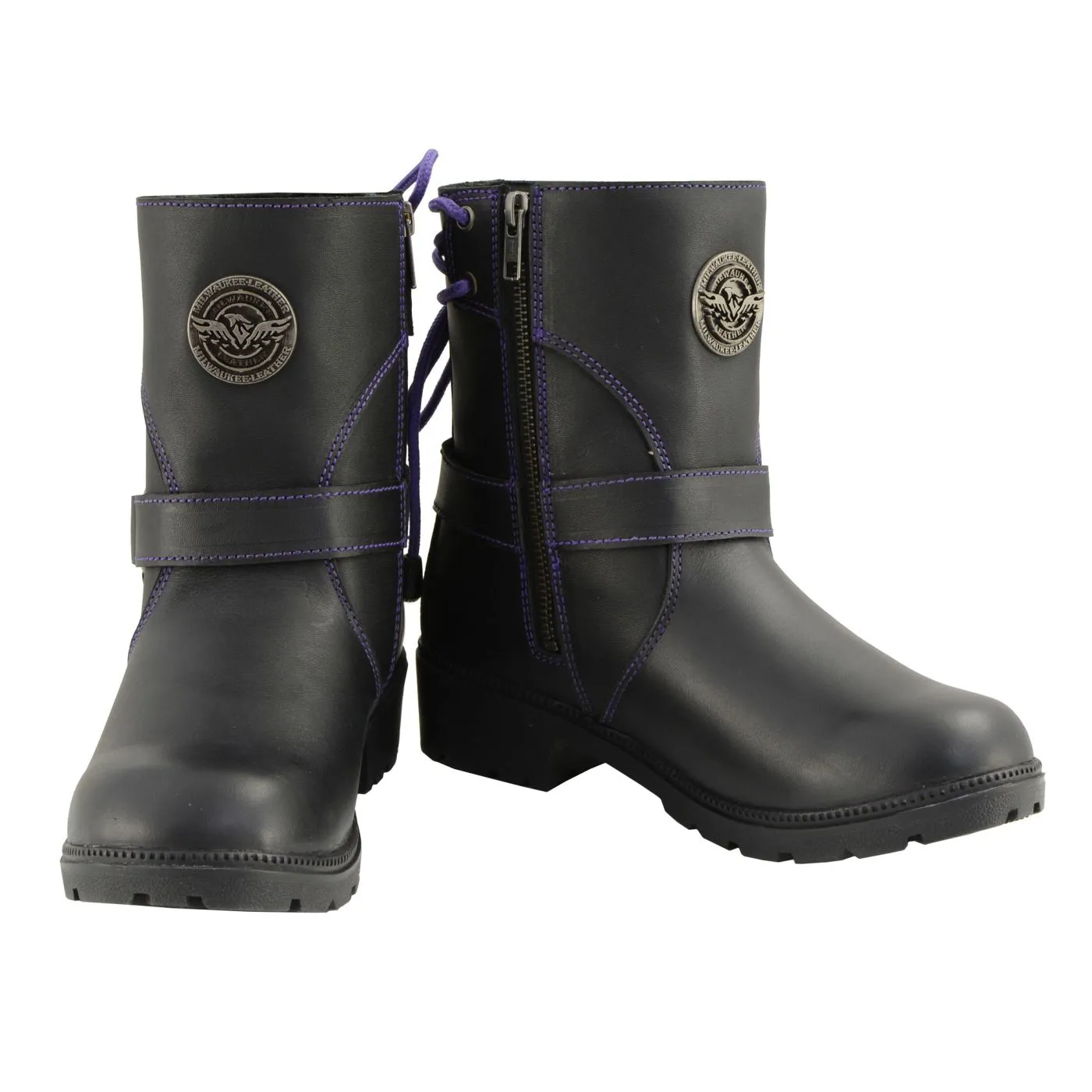 Milwaukee Leather MBL9317 Women's Black Leather Harness Zip-Up Motorcycle Rider Boots w/ Purple Back Laces