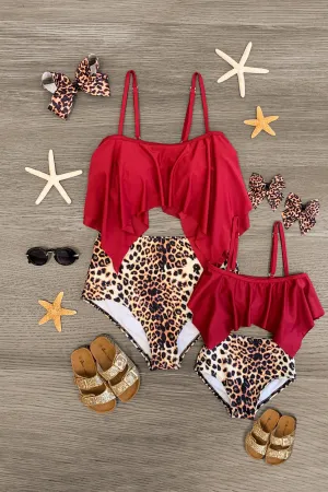 Mom & Me - Red Cheetah Ruffle Bikini