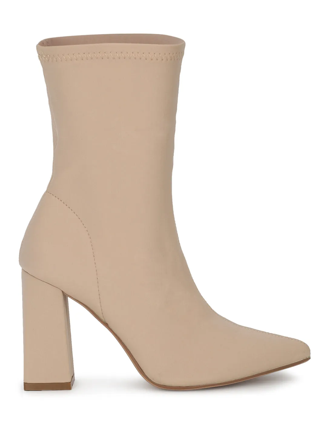 Nude Lycra Sock Block Heel Ankle Boots