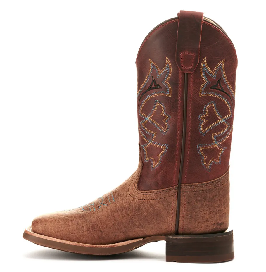 Old West Kids' Brown Bull Hide Print and Burnt Red Wide Square Toe Western Boot