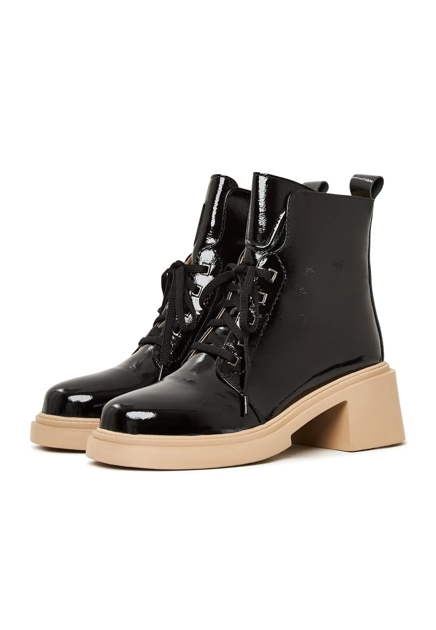 Patent Leather Lace-Up Ankle Boots - Black