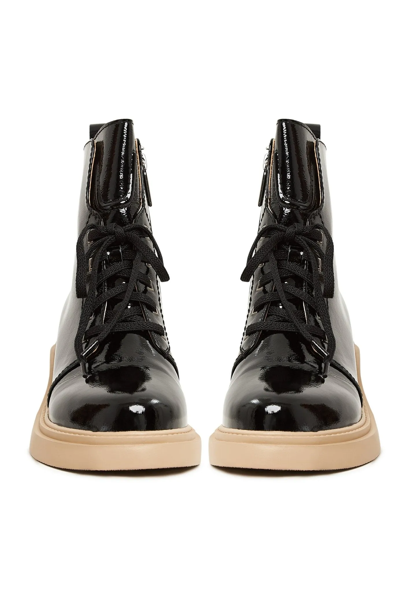 Patent Leather Lace-Up Ankle Boots - Black