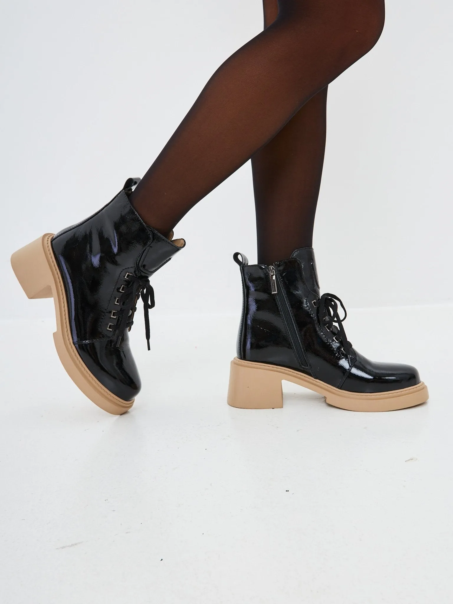 Patent Leather Lace-Up Ankle Boots - Black