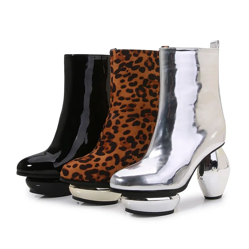 Patent Leather Unique Vase Heel Ankle-Boots