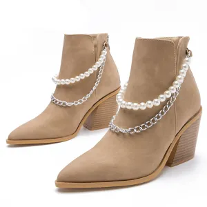 Pearls Chain Pointed Toe Wedge Heels Cowboy Boots