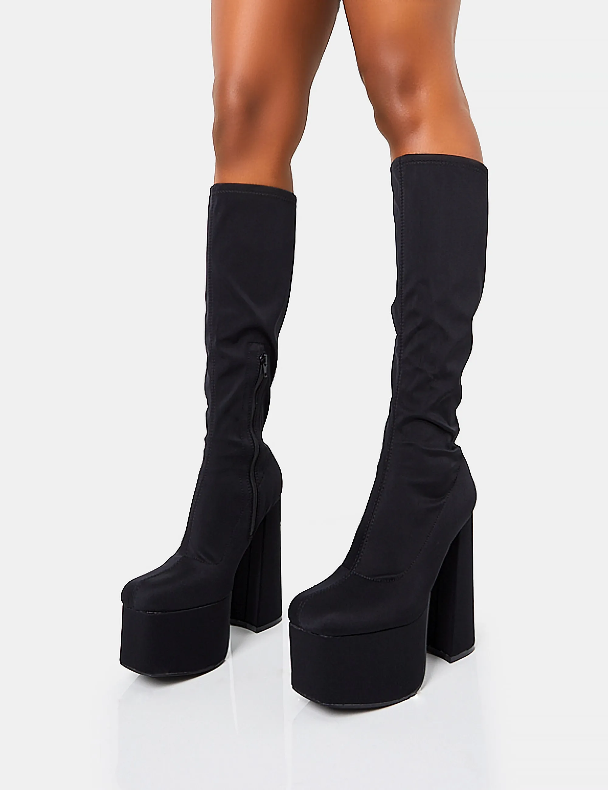 Polished Black Nylon Platform Rounded Block Heeled Knee High Boots