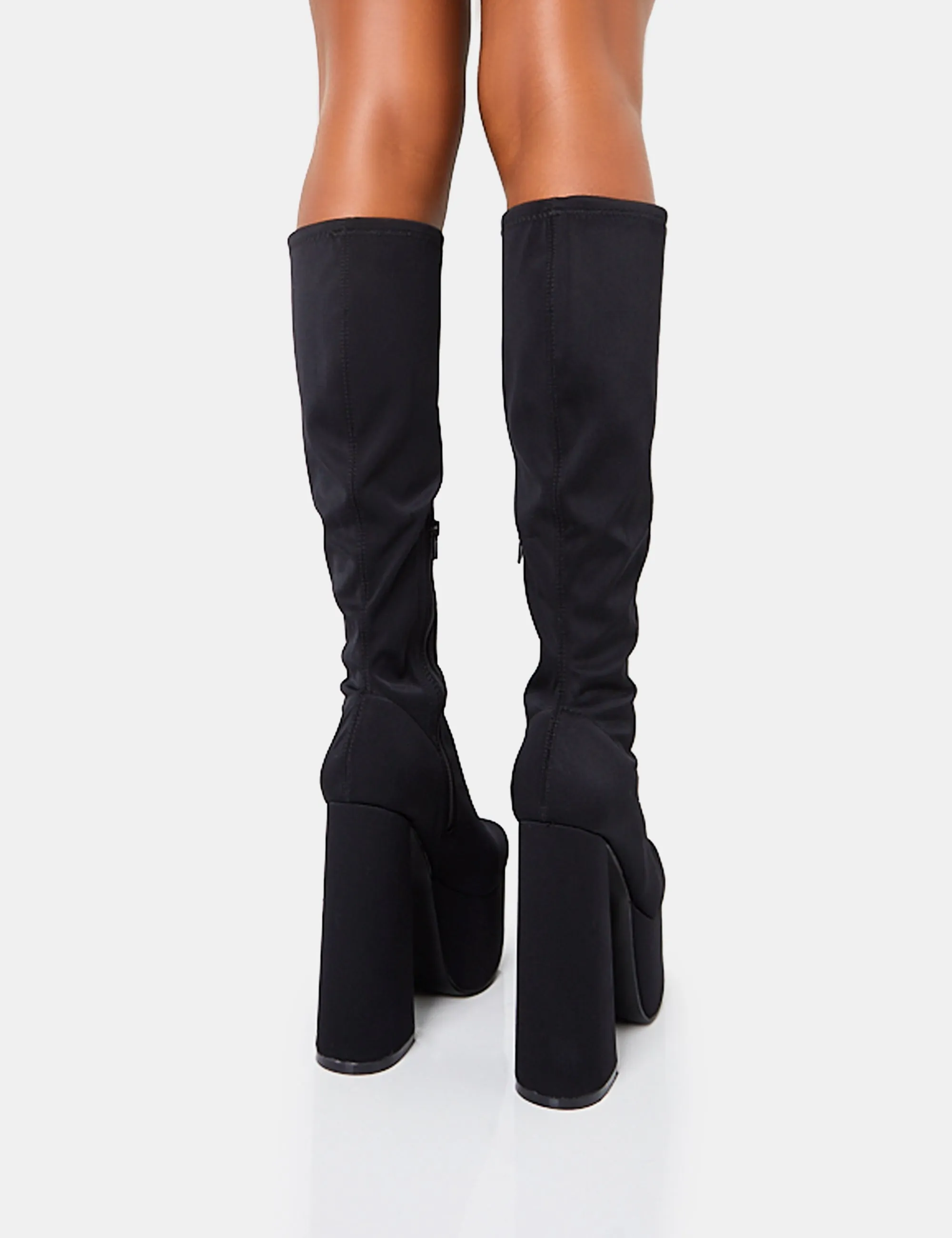 Polished Black Nylon Platform Rounded Block Heeled Knee High Boots