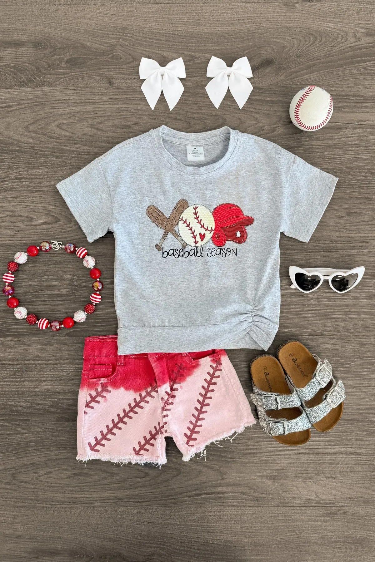 "Baseball Season" Gray & Red Ombre Denim Short Set