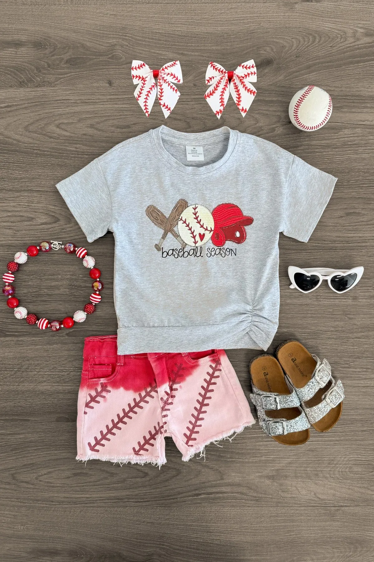 "Baseball Season" Gray & Red Ombre Denim Short Set