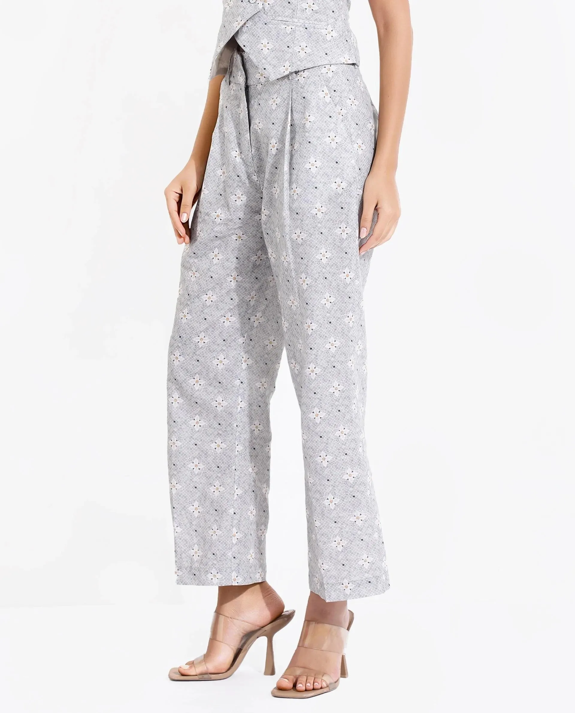 Rareism Women Kuzal Light Grey  Straight Fit Ankle Length Floral Print Trouser