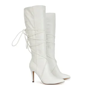 Rebel Pointed Toe Stiletto High Heeled Lace Up Knee High Long Boots in White Synthetic Leather