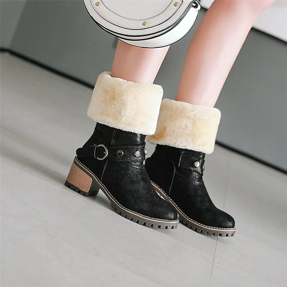 Rivets Warm Fur Cold Snow mid-calf  Square Heels Boots