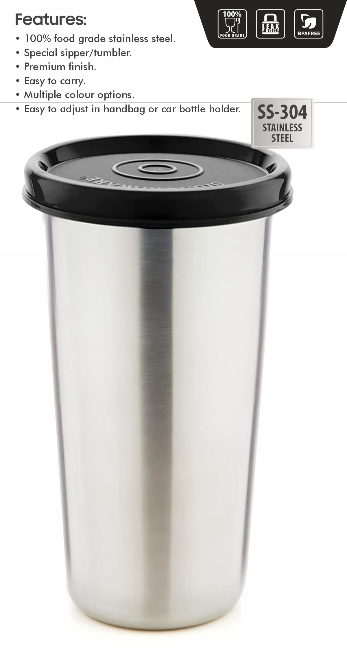 Signora Ware Stainless Steel Mini Tumbler/Food Storage with Lid | Air Tight Leak Proof Glass Tumblers for Office Gym Yoga Hiking Trekking Travel Home Kitchen (300Ml), Set of 1, Black