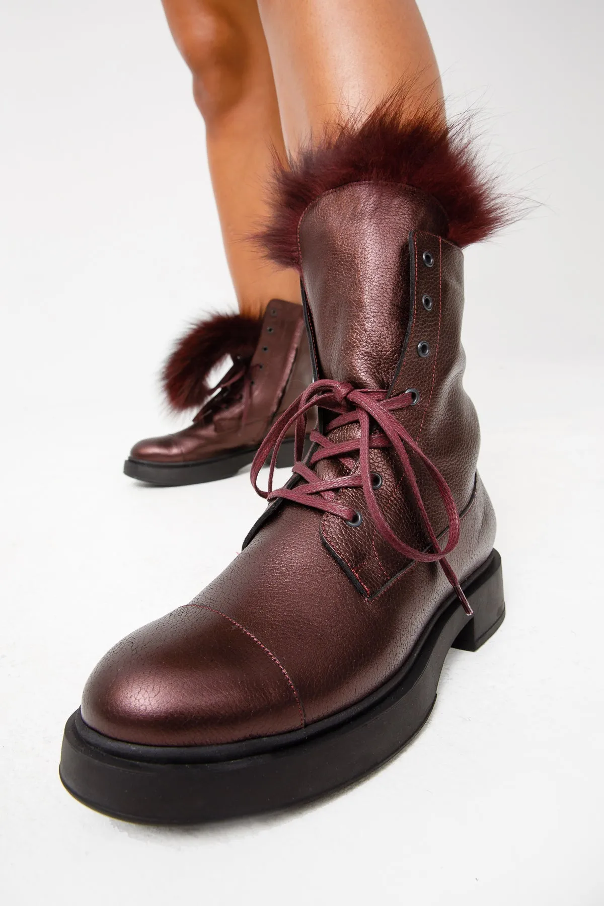 The Kajapati Burgundy Leather Natural Fur Mid Calf Women Boot